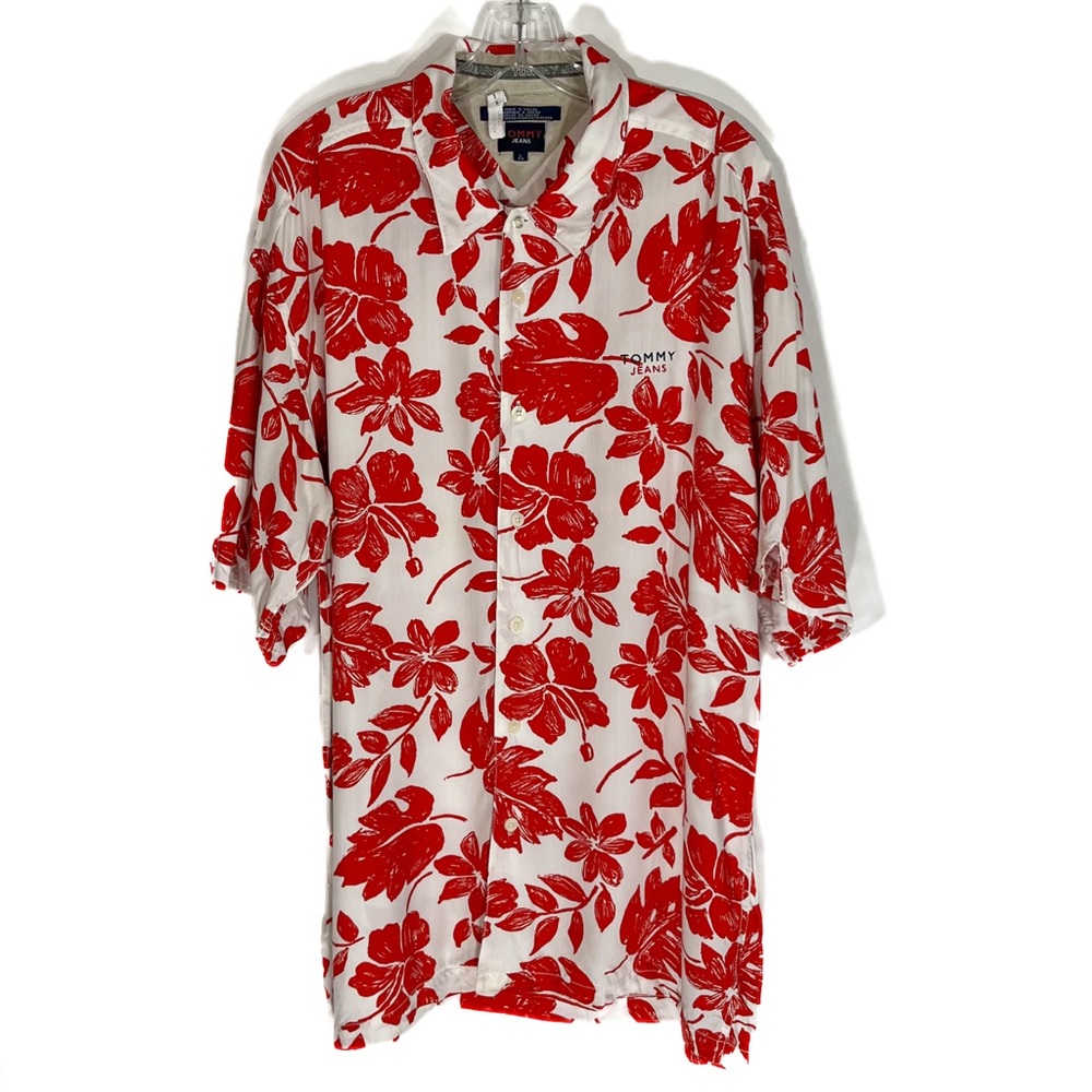 Vintage Tommy Jeans Hawaiian Floral Hibiscus Button Up Shirt Mens Medium 90s EUC
